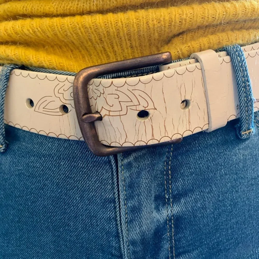 Timberland Vintage White Leather Etched Belt sz M